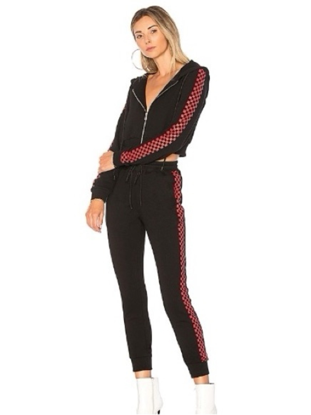Danielle Guizio Godspeed Black tracksuit with Red Checker Stripe